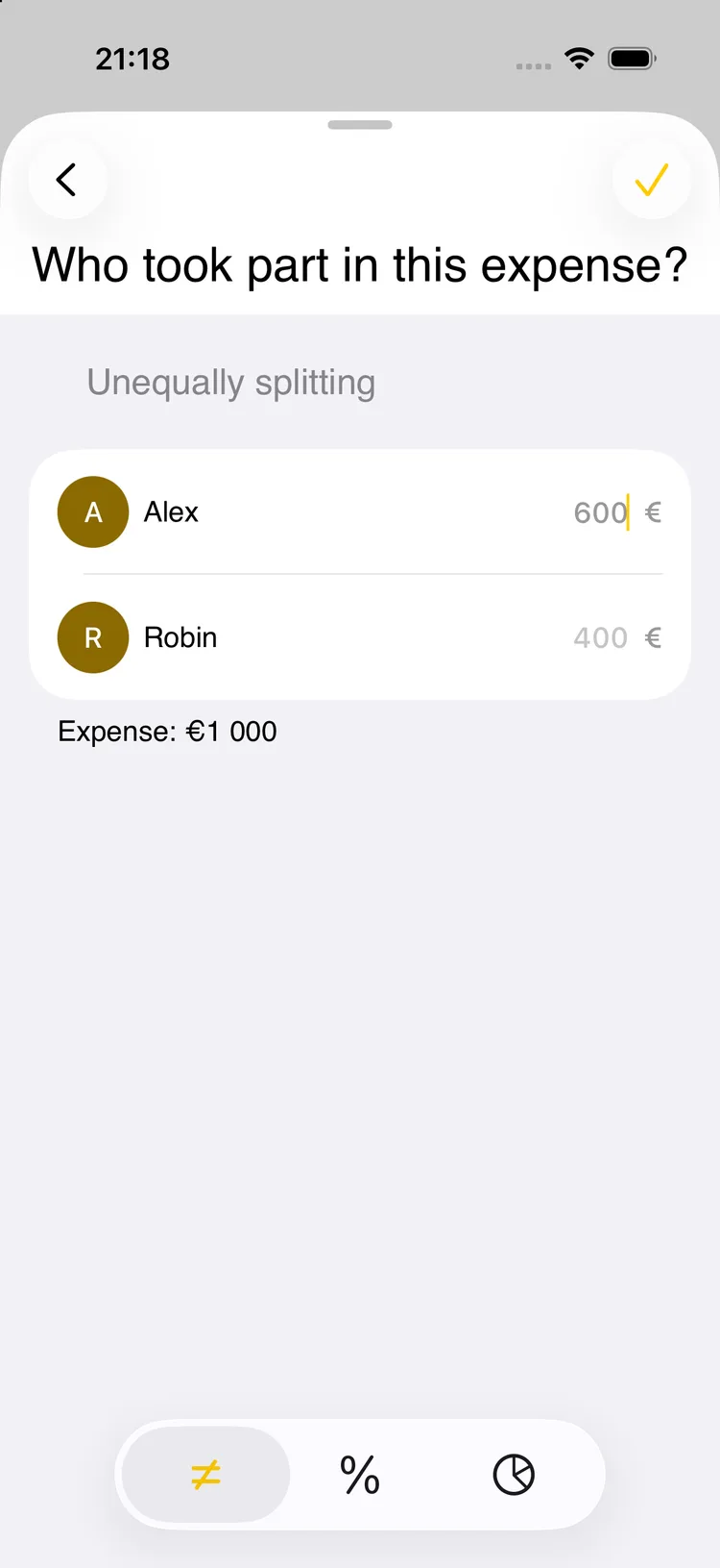 Pantalla de reparto por importes exactos con 600 € y 400 € sobre un alquiler de 1.000 €