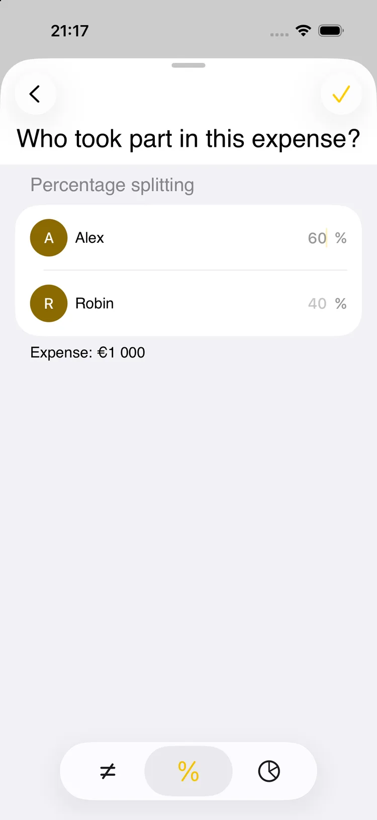 Pantalla de reparto por porcentaje con 60 % para una persona y 40 % para la otra sobre un alquiler de 1.000 €