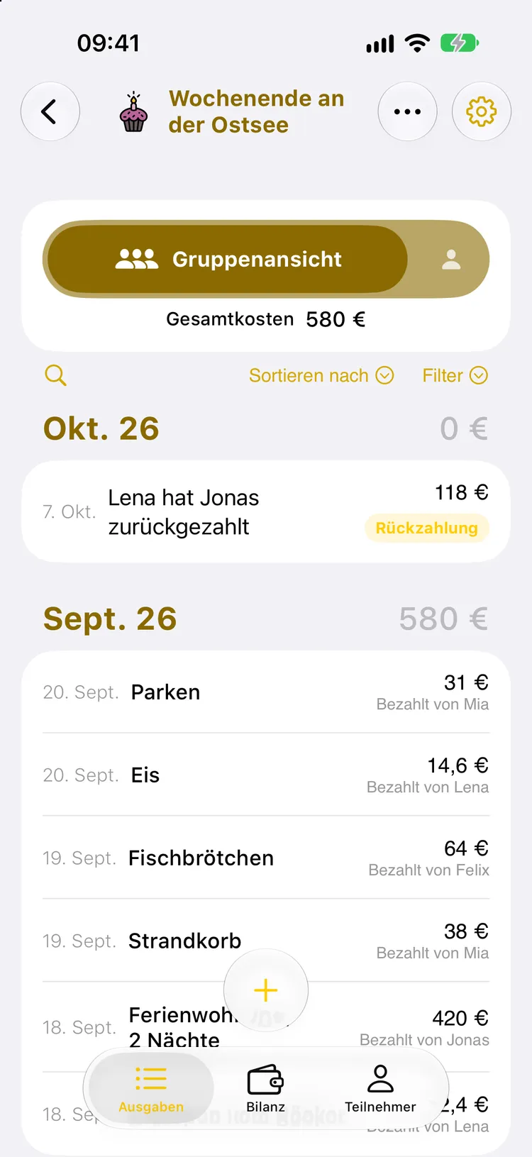 Ausgabenliste vom Wochenende an der Ostsee: oben Lena hat Jonas zurückgezahlt, 118 €, mit dem Etikett Rückzahlung; die Gesamtkosten bleiben 580 €