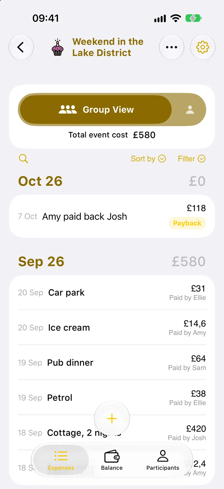 Expense list of the Lake District weekend: at the top, Amy paid back Josh, £118, labelled Payback; the total event cost stays £580