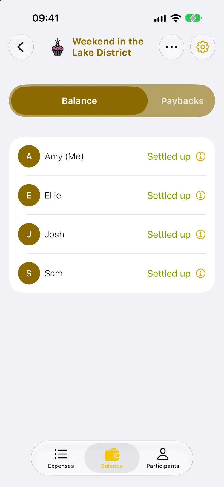 Balance screen: Amy, Ellie, Josh and Sam are all shown as Settled up