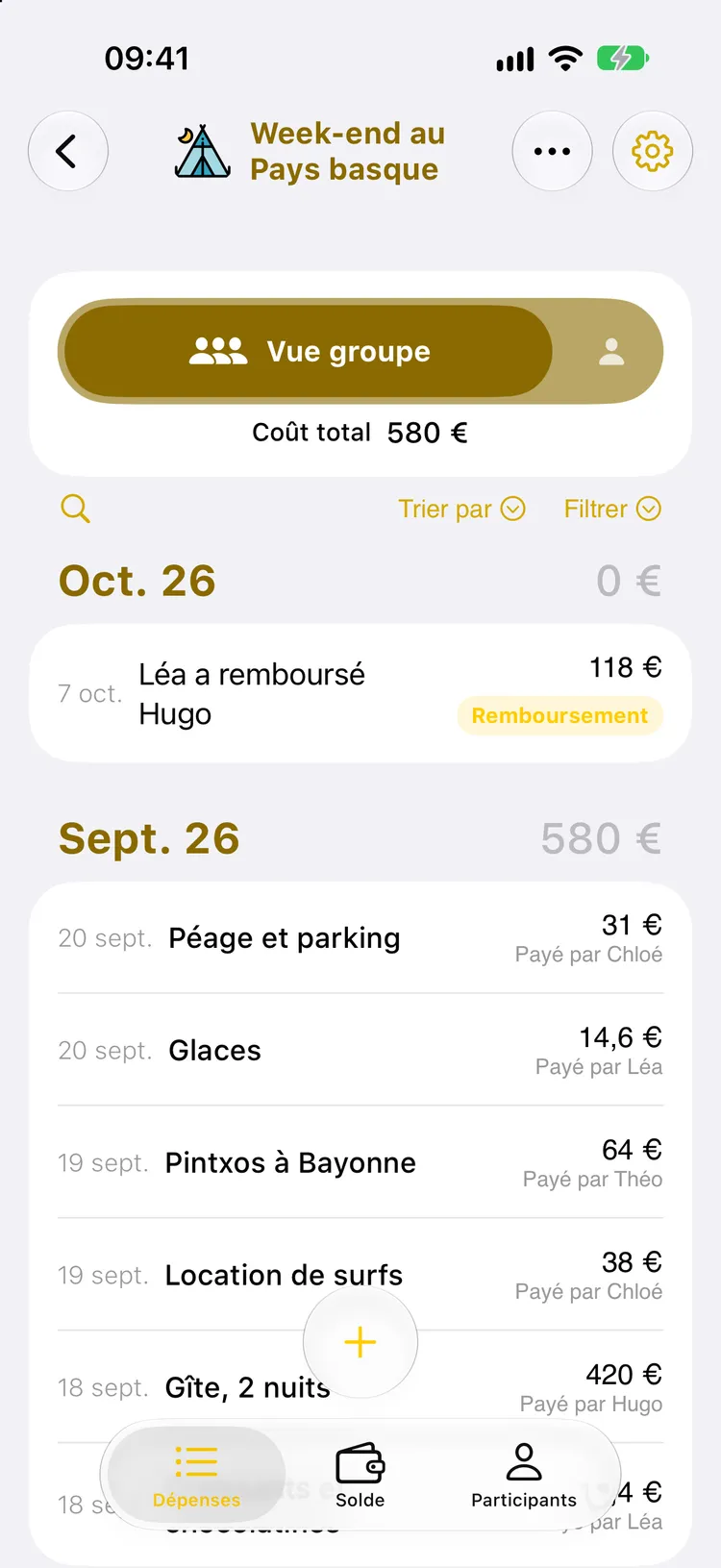 Liste des dépenses du week-end au Pays basque : en tête, Léa a remboursé Hugo, 118 €, étiquetée Remboursement ; le coût total reste 580 €