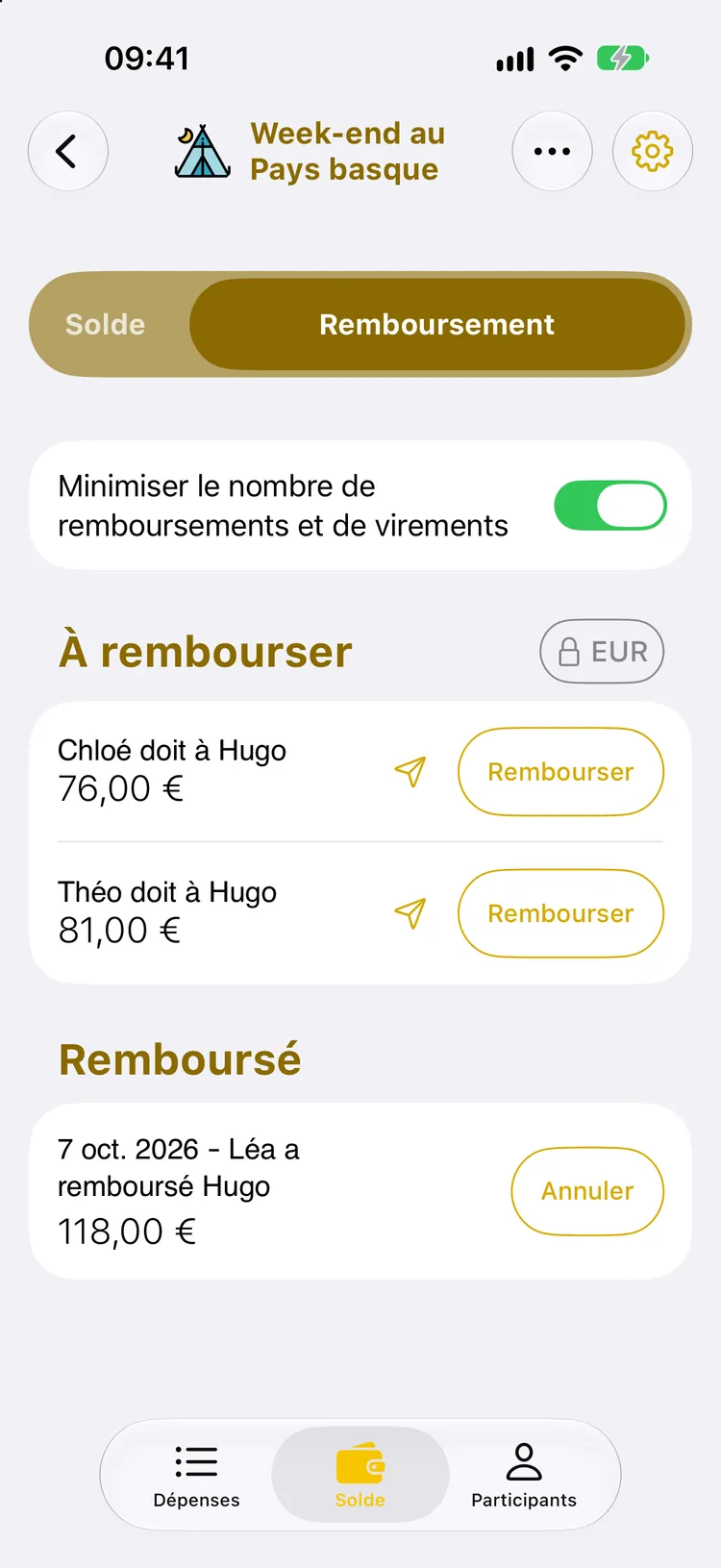 Écran Remboursement : Chloé et Théo doivent encore 76 € et 81 € à Hugo, et la section Remboursé montre que Léa a remboursé 118 € à Hugo le 7 octobre 2026, avec un bouton Annuler