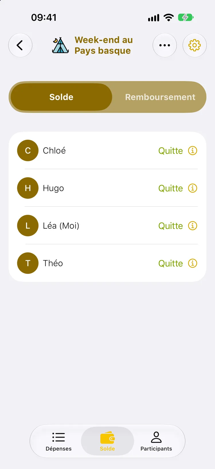 Écran Solde : Chloé, Hugo, Léa et Théo sont tous affichés Quitte
