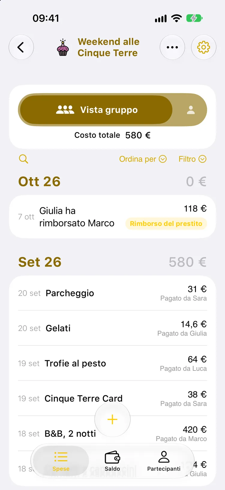 Elenco spese del weekend alle Cinque Terre: in cima, Giulia ha rimborsato Marco, 118 €, con l'etichetta di rimborso; il costo totale resta 580 €