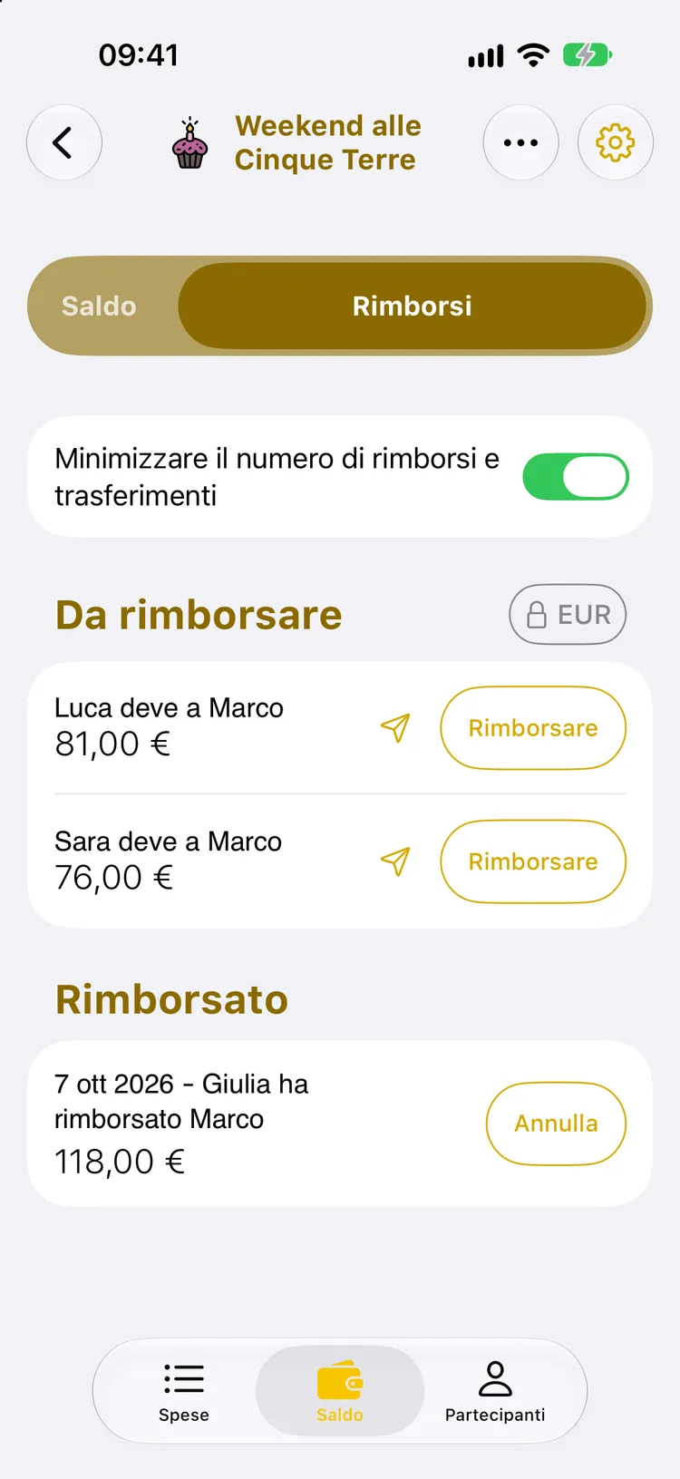 Schermata Rimborsi: Luca e Sara devono ancora 81 € e 76 € a Marco, e la sezione Rimborsato mostra che Giulia ha rimborsato 118 € a Marco il 7 ottobre 2026, con un pulsante Annulla