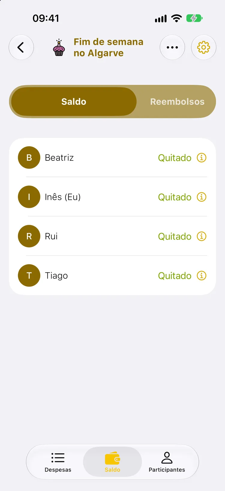 Ecrã Saldo: Beatriz, Inês, Rui e Tiago aparecem todos como Quitado