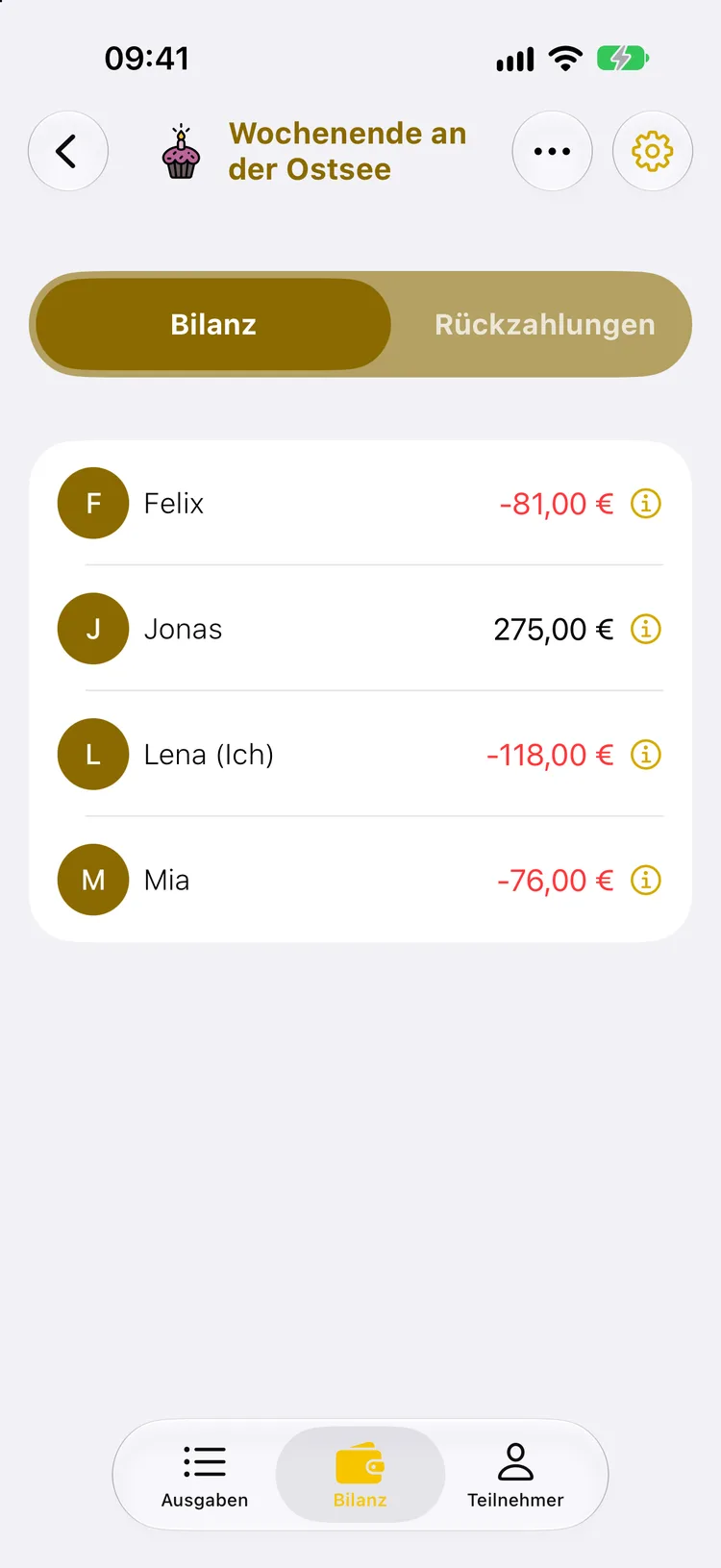 Saldenansicht eines Wochenendes zu viert: Lena schuldet 118 €, Mia 76 € und Felix 81 €, Jonas bekommt 275 €