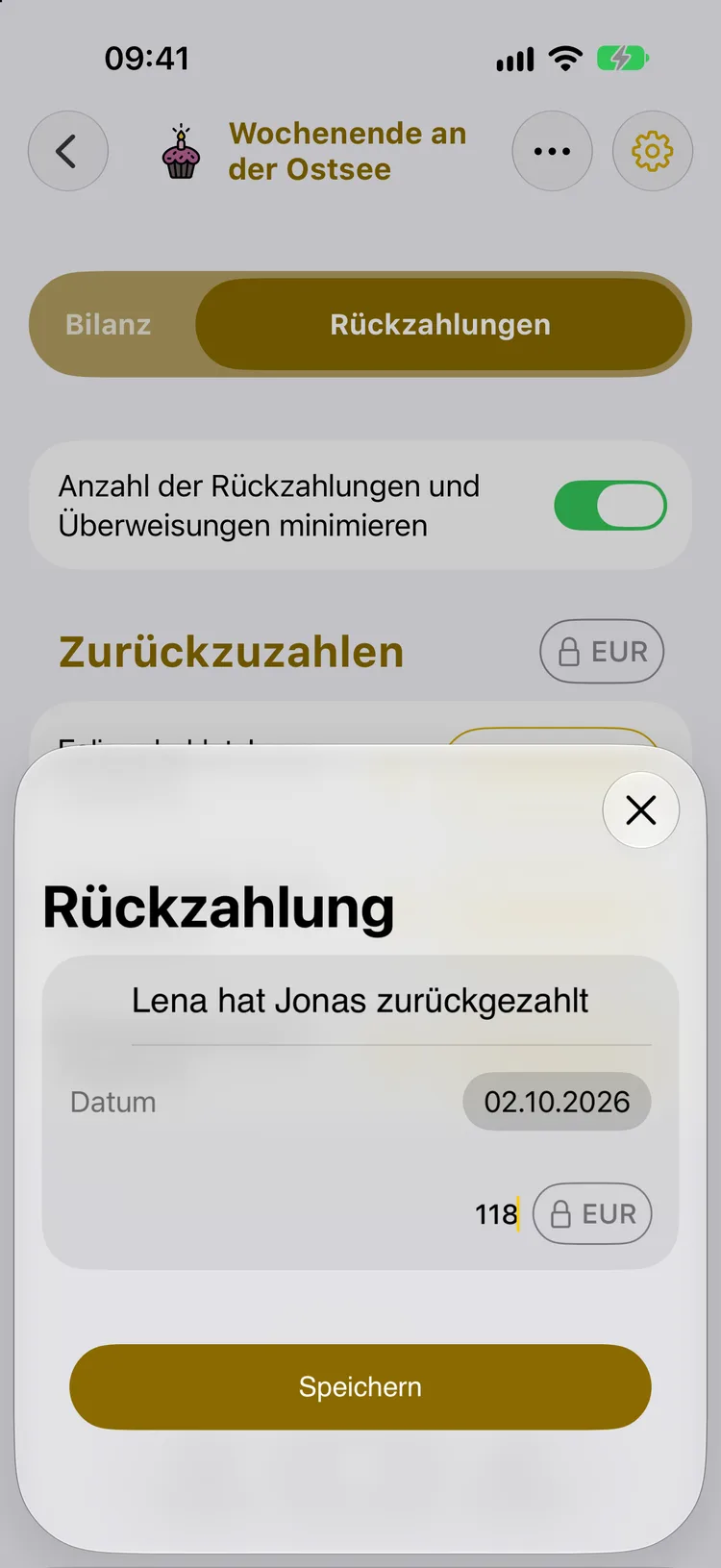 Rückzahlungsfenster: Lena hat Jonas 118 € zurückgezahlt, Datum 02.10.2026, Button Speichern
