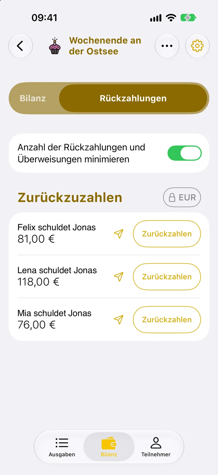 Liste der Rückzahlungen: Felix, Lena und Mia schulden Jonas 81 €, 118 € und 76 €, Minimierungsoption eingeschaltet