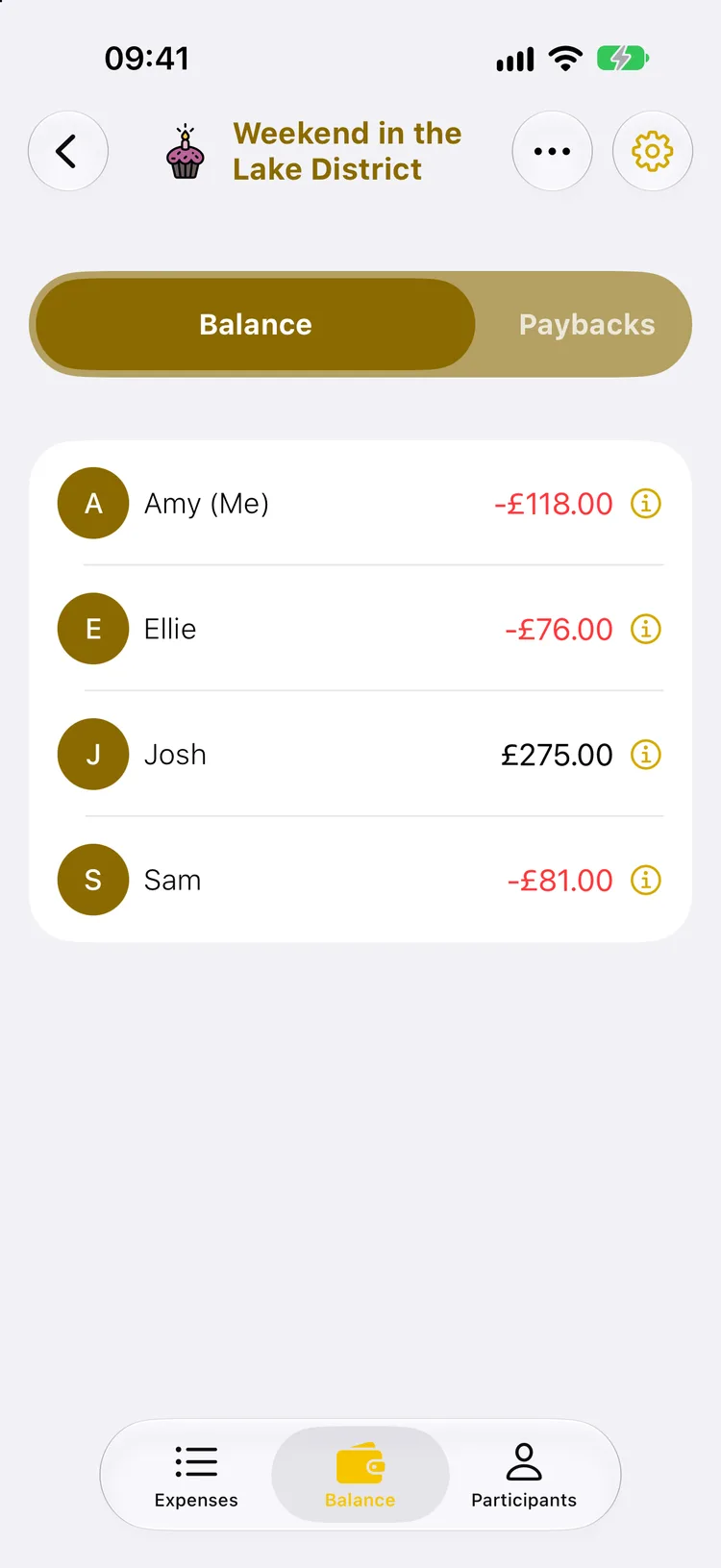 Balance screen for a weekend of four: Amy owes £118, Ellie £76 and Sam £81, Josh is owed £275