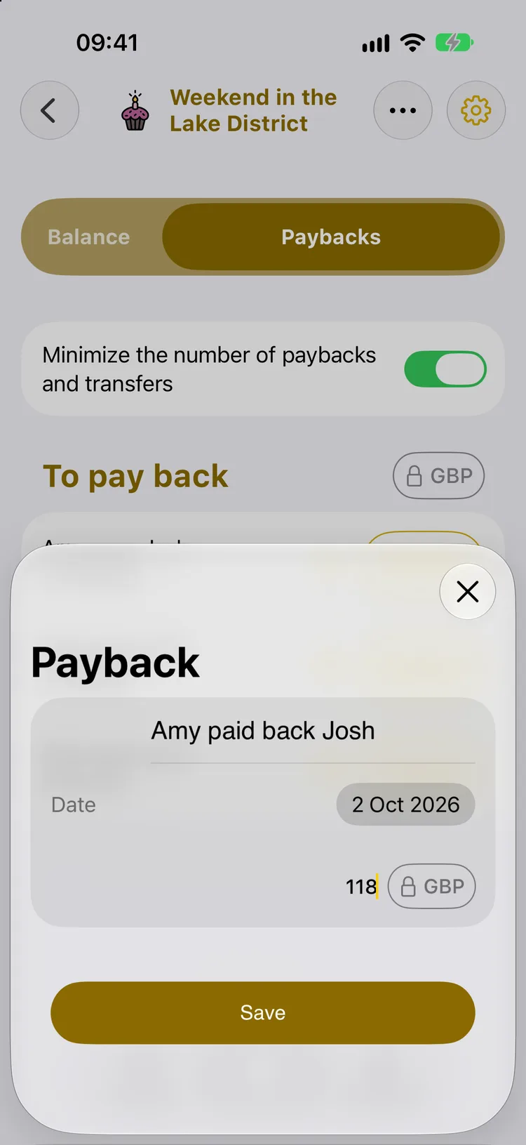 Payback sheet: Amy paid back Josh, £118, dated 2 October 2026, with a Save button