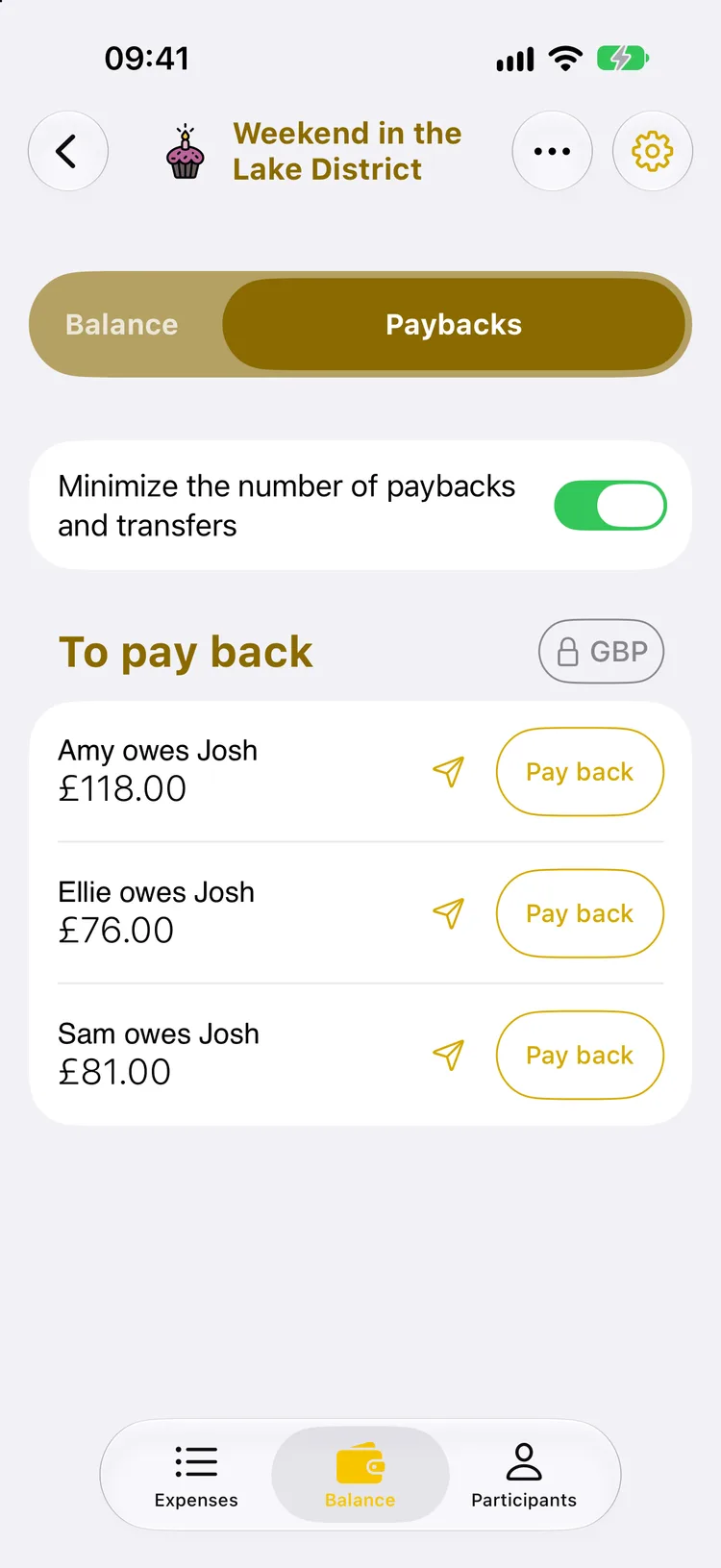 Paybacks list: Amy, Ellie and Sam owe Josh £118, £76 and £81, with the minimise option switched on