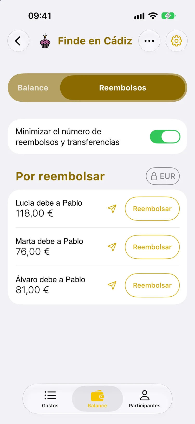 Lista de reembolsos: Lucía, Marta y Álvaro deben a Pablo 118 €, 76 € y 81 €, con la opción de minimizar activada