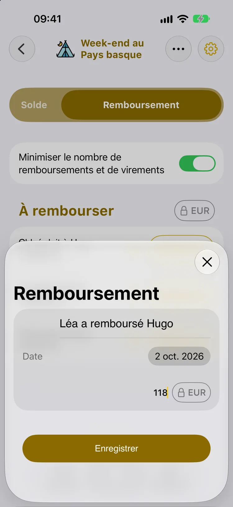 Fenêtre de remboursement : Léa a remboursé Hugo, 118 €, datée du 2 octobre 2026, bouton Enregistrer