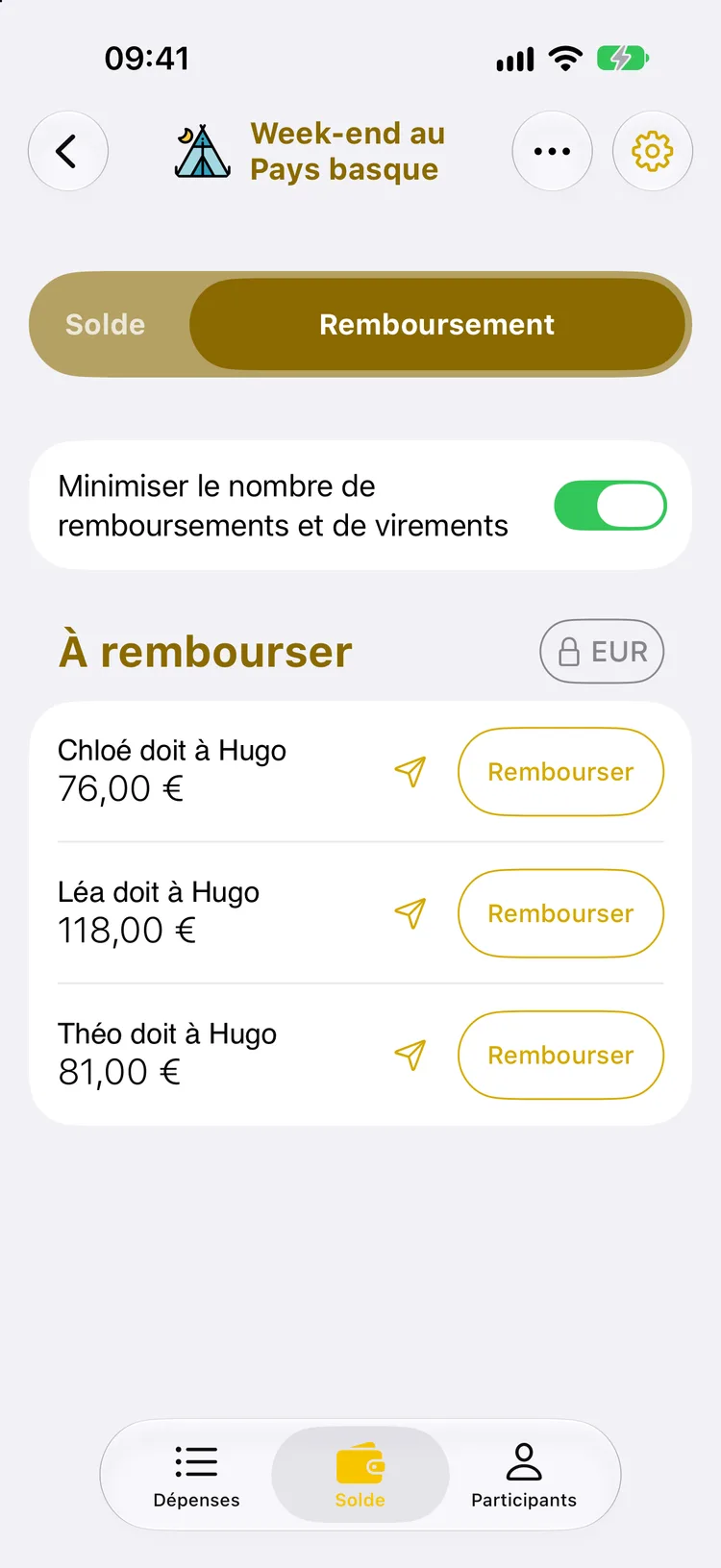Liste des remboursements : Chloé, Léa et Théo doivent respectivement 76 €, 118 € et 81 € à Hugo, option de minimisation activée