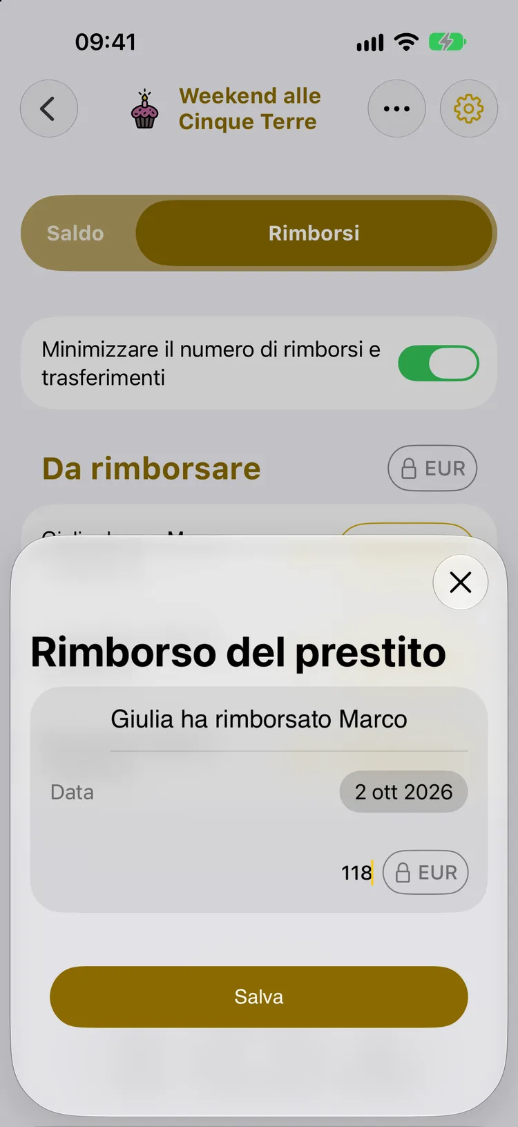 Finestra di rimborso: Giulia ha rimborsato Marco, 118 €, datata 2 ottobre 2026, pulsante Salva