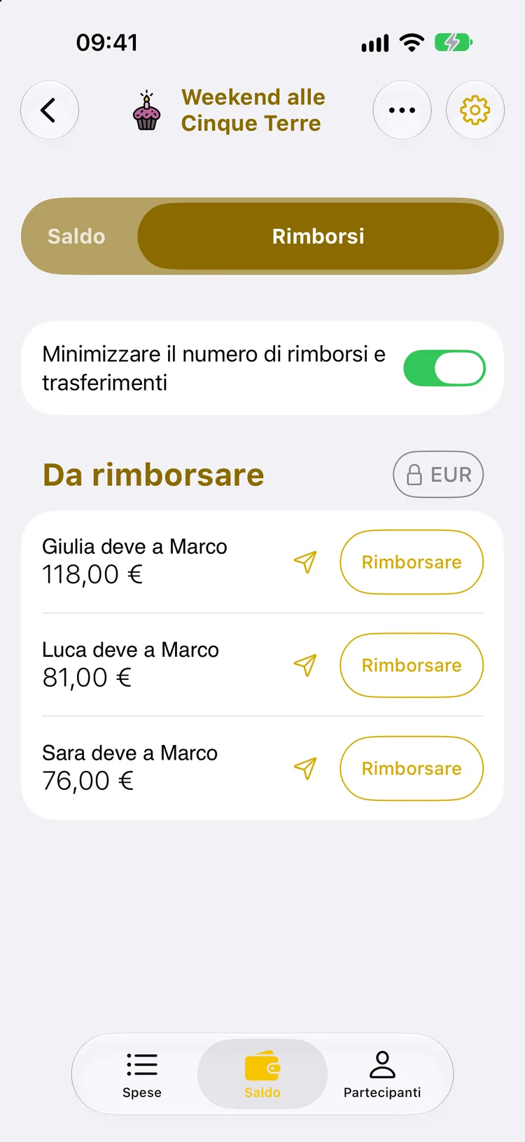 Elenco dei rimborsi: Giulia, Luca e Sara devono a Marco 118 €, 81 € e 76 €, con l'opzione di minimizzazione attiva