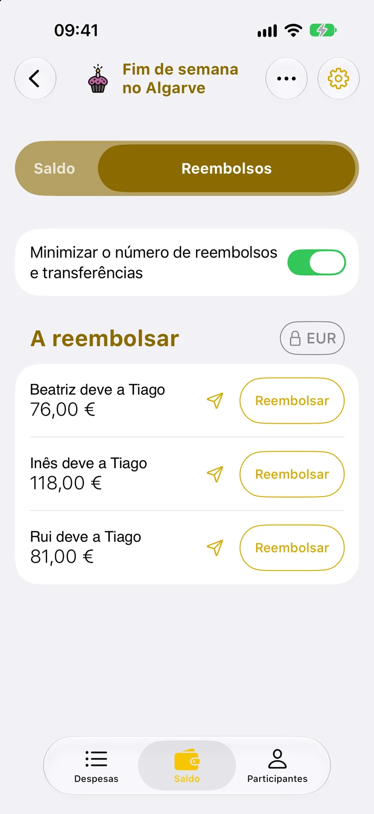 Lista de reembolsos: Beatriz, Inês e Rui devem ao Tiago 76 €, 118 € e 81 €, com a opção de minimizar ligada